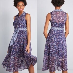 Modcloth Effortless Mix Gingham Plaid and Floral Chiffon Midi Dress Size 1X NEW